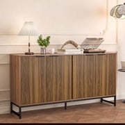 Fluted Accent Cabinet, Kitchen Sideboard Buffet Cabinet with 4 Fluted Doors, Walnut