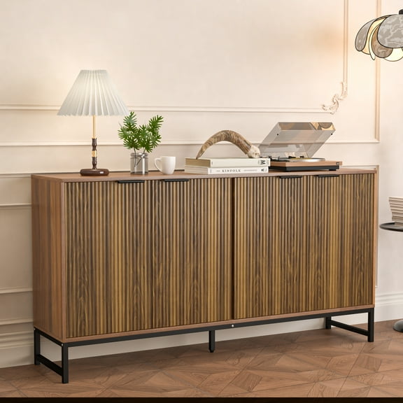 Fluted Accent Cabinet, Kitchen Sideboard Buffet Cabinet with 4 Fluted Doors, Walnut