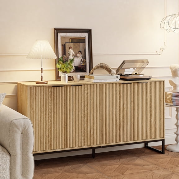 Fluted Accent Cabinet, Kitchen Sideboard Buffet Cabinet with 4 Fluted Doors, Natural