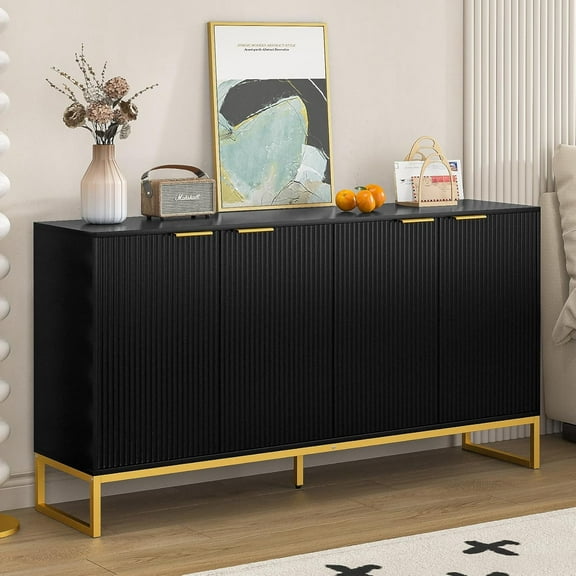Fluted Accent Cabinet, Kitchen Sideboard Buffet Cabinet with Doors, Sideboard for Living Room, Dining Room, Black