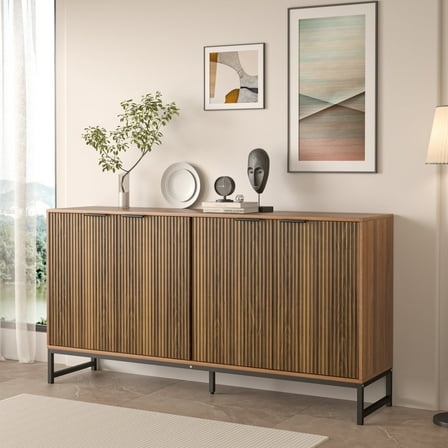 Fluted Accent Cabinet, Sideboard Storage Cabinet with Adjustable Shelves, Wooden Fluted Cabinet for Living Room, Dining Room, Hallway(Walnut)