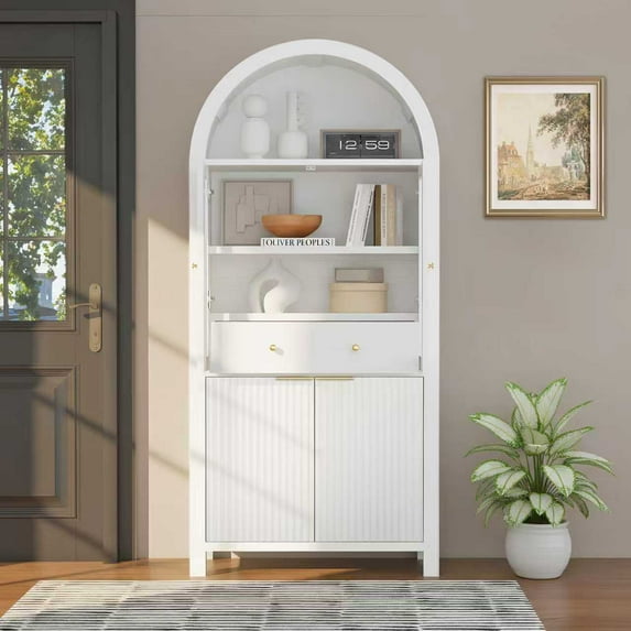 Fluted Arched Kitchen Pantry Storage Cabinet,71" Tall Cabinet with 2 Glass Doors,Freestanding Modern 2 Doors Cabinet with Adjustable Shelves for Kitchen,Living Room,Bedroom