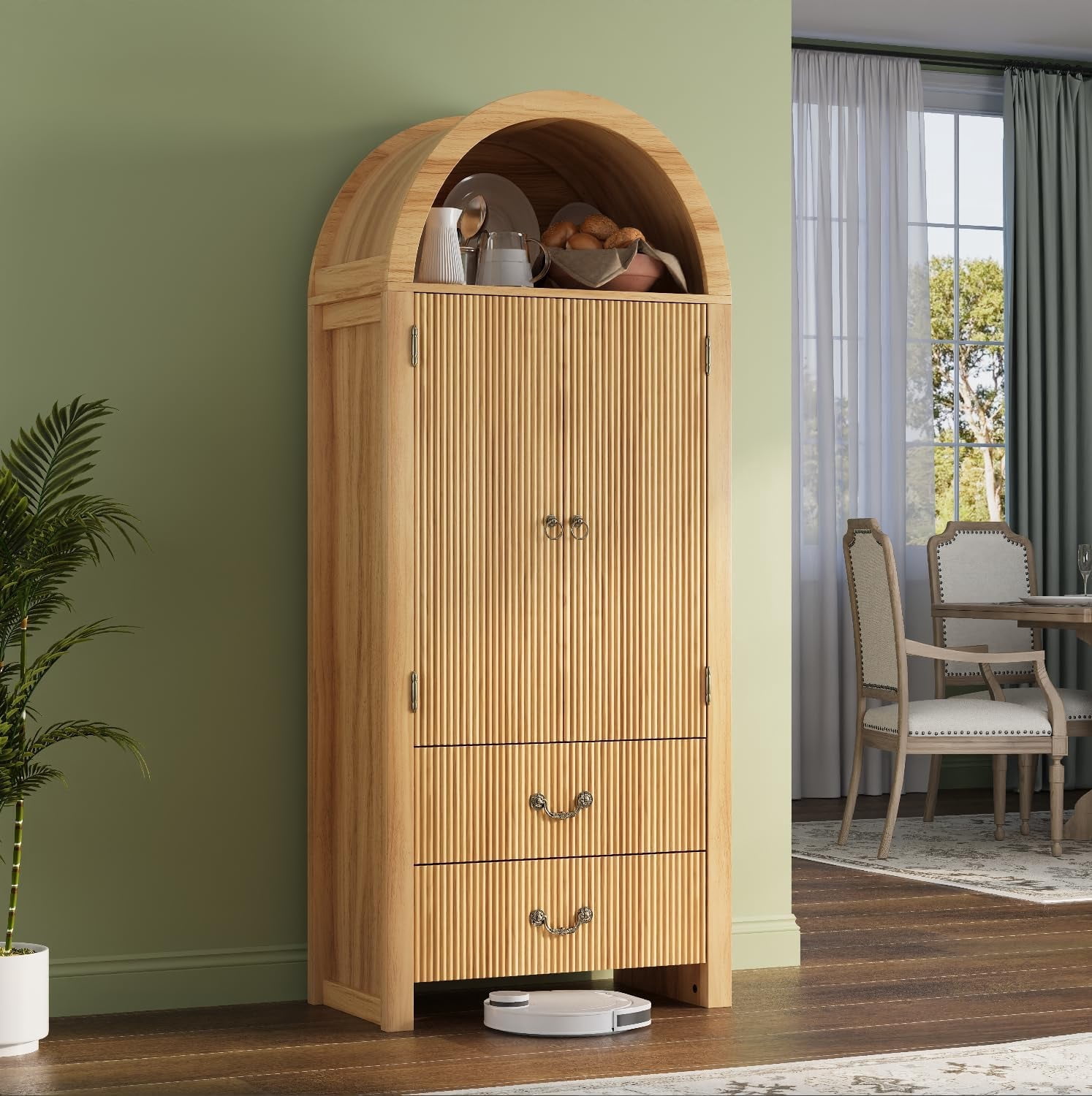 Fluted Arched Pantry Cabinet, 71" Tall Kitchen Storage Pantry Cabinet with Adjustable Shelves and 2 Large Drawers, Freestanding Morden Versatile Cupboard for Living Room, Bathroom, Natrual