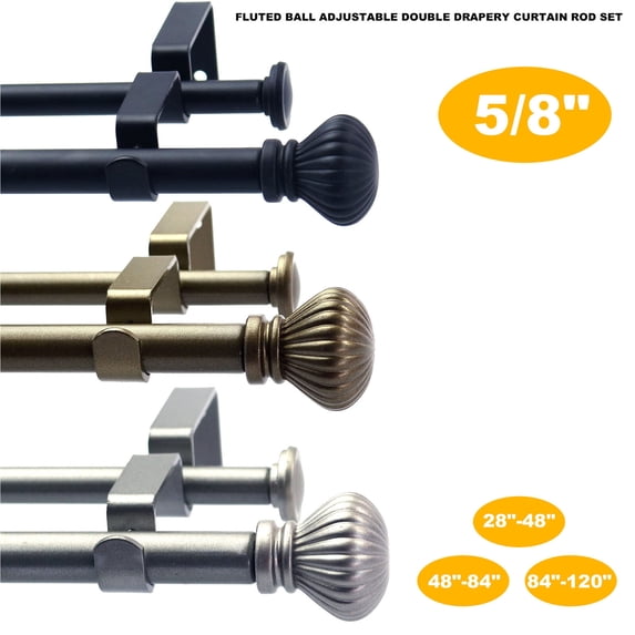 Fluted Ball Adjustable Double Drapery Curtain Rod Set 28''-48''/48''-84''/84''-120''