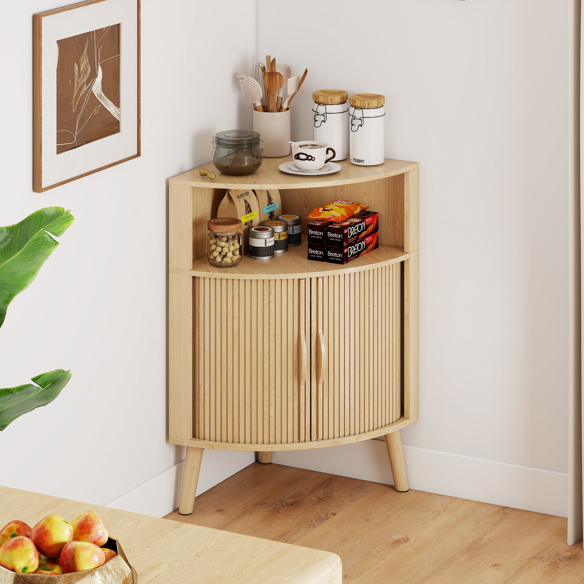 Fluted Bathroom Corner Storage Cabinet, Small Corner Floor Cabinet with Doors and Shelves, Freestanding Narrow Cabinets Organizer for Bathroom, Living Room, Kitchen, Natural