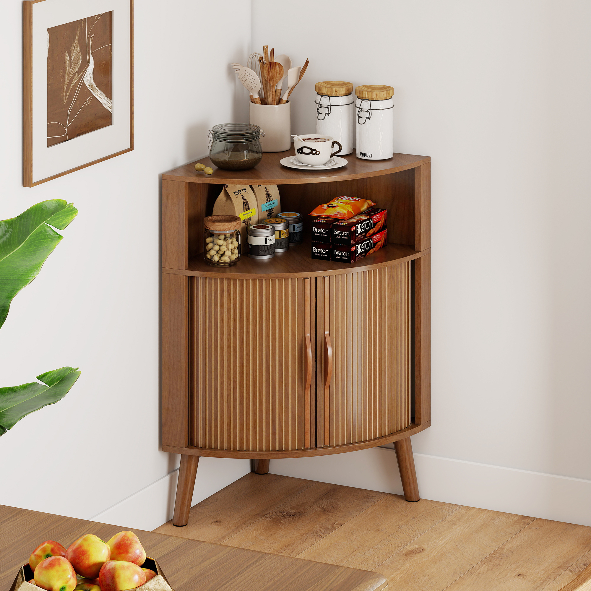 Fluted Bathroom Corner Storage Cabinet, Small Corner Floor Cabinet with Doors and Shelves, Freestanding Narrow Cabinets Organizer for Bathroom, Living Room, Kitchen, Walnut