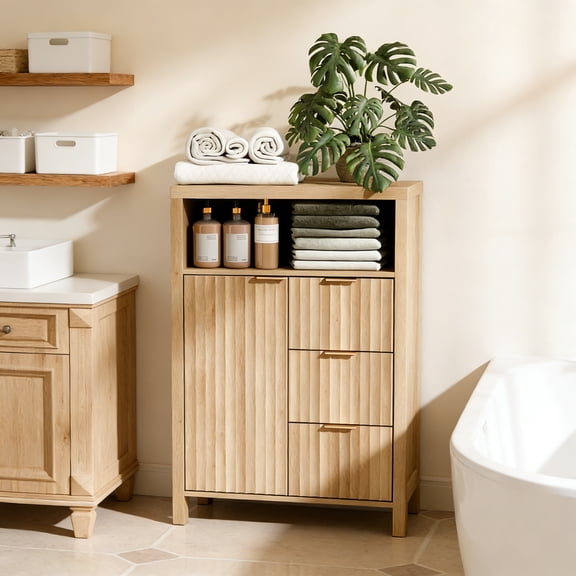 Fluted Bathroom Floor Storage Cabinet with Fluted Door and 3 Drawers, Modern 12 Inch Deep Short Bathroom Storage Cabinet Organizer Freestanding for Small Space with Adjustable Shelf