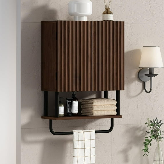 Fluted Bathroom Wall Cabinet with 2 Doors, 3-Tier Modern Farmhouse Medicine Cabinet, Over The Toilet Storage Cabinet with Adjustable Shelf and Towel Bar(Dark Walnut, Small)