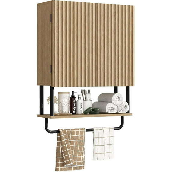 Fluted Bathroom Wall Cabinet with 2 Doors, 3-Tier Modern Farmhouse Medicine Cabinet, Over The Toilet Storage Cabinet with Adjustable Shelf and Towel Bar(Natural, Medium)