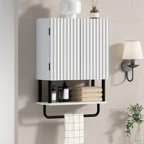 Fluted Bathroom Wall Cabinet with 2 Doors, 3-Tier Modern Farmhouse Medicine Cabinet, Over The Toilet Storage Cabinet with Adjustable Shelf and Towel Bar (White, Small)