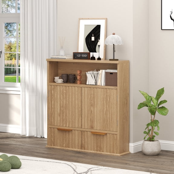 Fluted Bathroom Wall Cabinet with Drawers, Wooden Medicine Cabinet Organizer Over The Toilet, Wall Mounted Storage Cabinet with Open Shelf for Bathroom, Kitchen, and Laundry Room