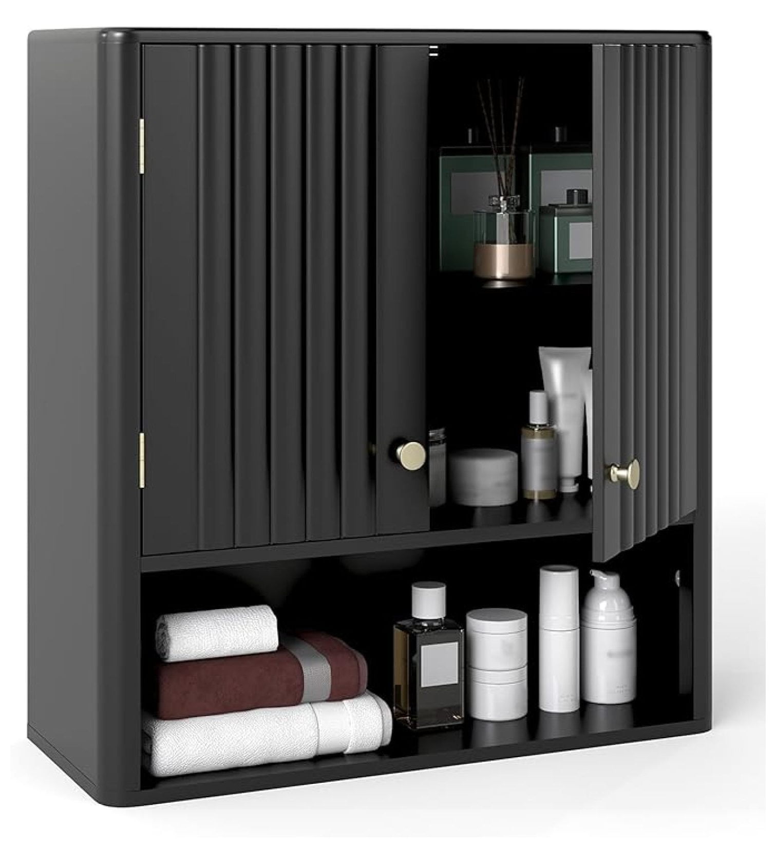 Fluted Bathroom Wall Cabinet, Modern Double Door Medicine Cabinet w/Open Shelf & Adjustable Shelf, Wall Mounted Over The Toilet Storage Organizer for Laundry Room, Kitchen (Black)
