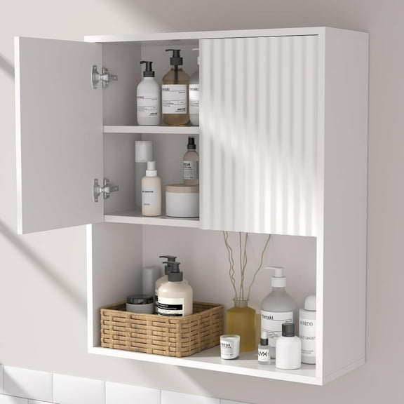 Fluted Bathroom Wall Cabinet Over The Toilet Storage,Wall Mounted Cabinet with Adjustable Shelf,Floating and Hanging Organizer,Kitchen and Laundry Room Storage (White,1 PC)