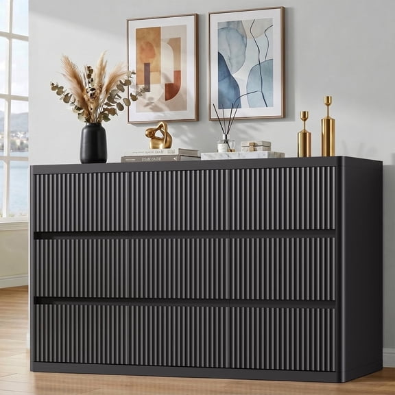 Fluted Black 9 Drawer Dresser 57 Inch Modern Curved Wooden Chest of Drawers For Bedroom Storage Organization