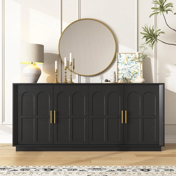 Fluted Black Sideboard Buffet Cabinet with Storage,66.5'' Kitchen Sideboard with 4 Doors, Long Accent Storage Credenza Cabinet,Coffee Bar Station for Living Room,Dining Room,Entryway