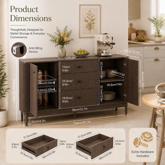Fluted Buffet Cabinet with 3 Drawers, 59.8 Inch Large Sideboard with 2 Doors, Mid Century Modern Coffee Bar for Living Room Kitchen Entryway Walnut, Black Walnut