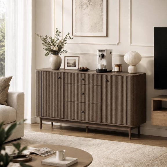 Fluted Buffet Cabinet 59.8 Inch, Modern Sideboard with 3 Drawers and Coffee Bar Storage, Curved Profile Design for Dining Room Living Room Dark Walnut, Black Walnut