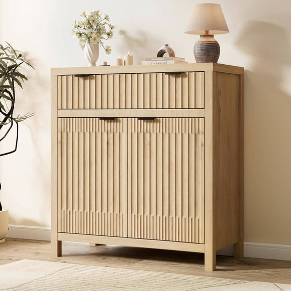 Fluted Buffet Cabinet with Storage, 34" Tall Modern Arched Sideboard w/ Adjustable Shelves, Wooden Modular Coffee Bar for Kitchen, Living Room, Entryway, Natural