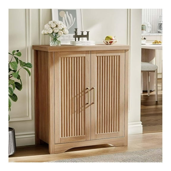 Fluted Buffet Cabinet with Storage Accent Sideboard,Modern Credenza with 2 Doors & Adjustable Shelves,Wood Coffee Bar Table Console for Dining Room Kitchen Living Room Entryway,Natural Oak