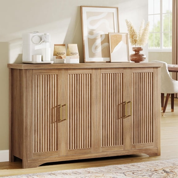 55" Fluted Sideboard Buffet Cabinet with Storage,Natural Oak | Modern Credenza with 4 Doors & Adjustable Shelves,Coffee Bar Table Console for Dining Room Kitchen Living Room Entryway