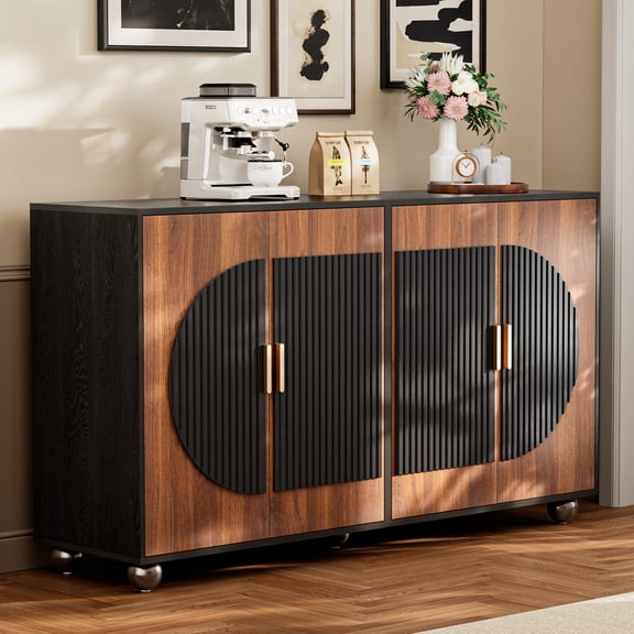 Fluted Buffet Cabinet with Storage, Large Accent Sideboard with 4 Doors & Adjustable Shelves 58" Modern Fluted Credenza Media Console Table for Living Room Kitchen Dining Room