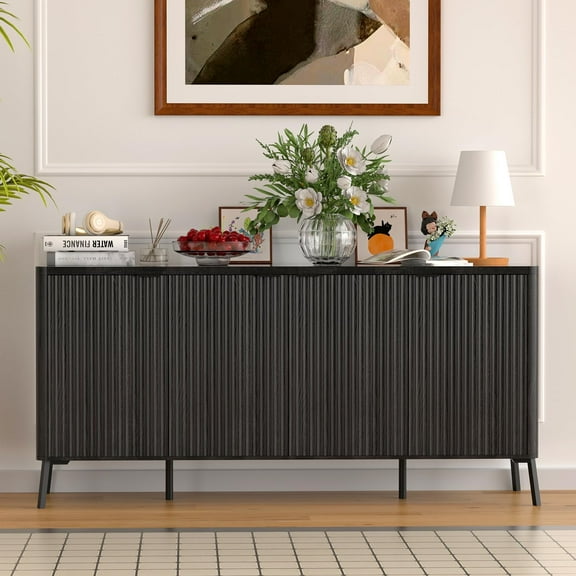 63 Inch Black Fluted Buffet Cabinet, 4-Door Modern Sideboard Storage Credenza - Wood Accent Console for Living Room/Kitchen/Entryway