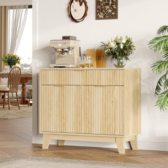 Fluted Buffet Cabinet with Storage, Sideboard Cabinet with Adjustable Shelf and Drawer, Natural Oak Wood Storage for Dining Room Living Room Kitchen Entryway