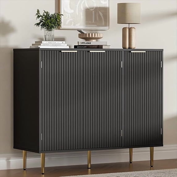 Fluted Buffet Sideboard with 3 Doors, Modern Accent Cabinet with Adjustable Shelves, Kitchen Storage with Golden Handles, Coffee Bar for Kitchen, Dining Room, Black