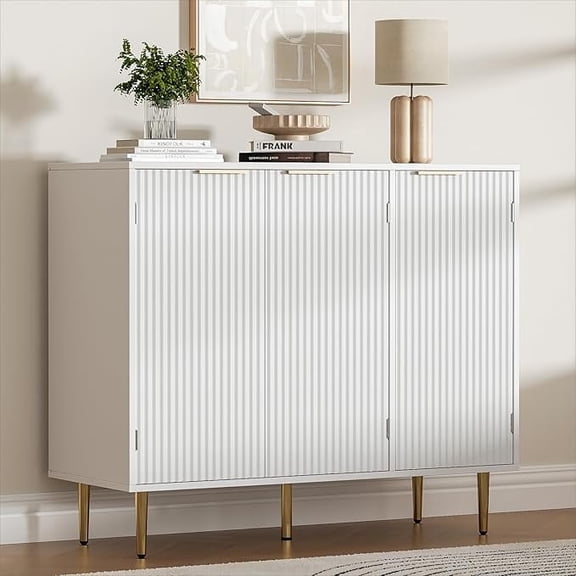 Fluted Buffet Sideboard with 3 Doors, Modern Accent Cabinet with Adjustable Shelves, Kitchen Storage with Golden Handles, Coffee Bar for Kitchen, Dining Room, White