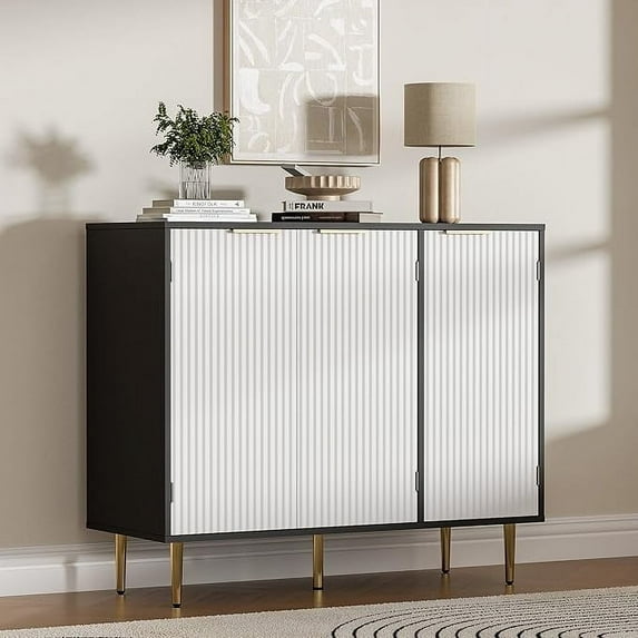 Fluted Buffet Sideboard Cabinet with 3 Doors, Modern Accent Cabinet with Adjustable Shelves, Kitchen Storage Cabinet with Golden Handles, Coffee Bar Cabinet for Kitchen, Black & White