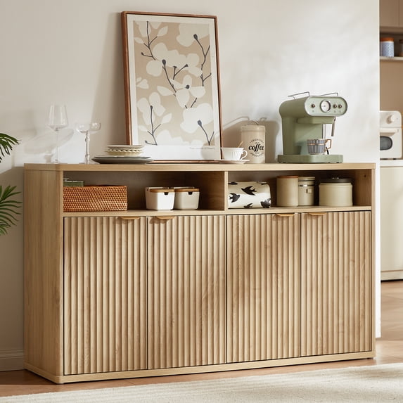 Fluted Buffet Sideboard Cabinet, 55" Accent Sideboard Buffet Cabinet with Storage, Credenza Sideboard Storage Cabinet W/4 Doors & Shelves for Kitchen