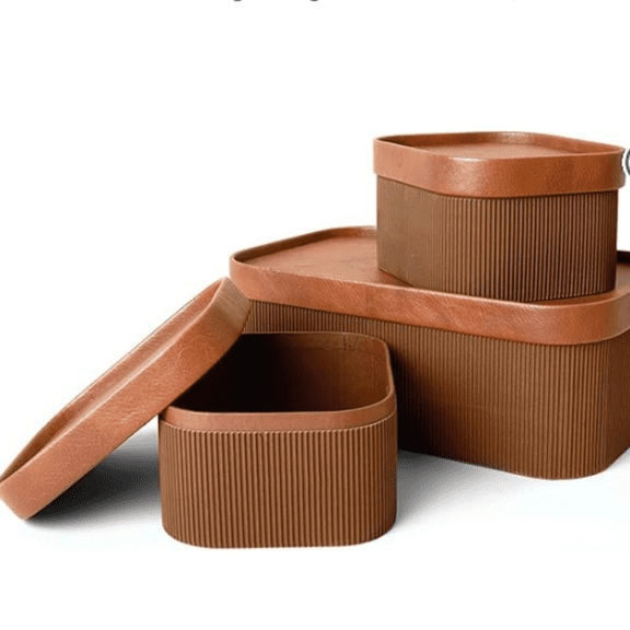 Fluted Cardboard Storage Baskets with Leather-Like Lids, Sturdy Stackable Paper Boxes Decorative Tray, Chocolate Brown, Set of 3