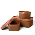 thumbnail image 1 of Fluted Cardboard Storage Baskets with Leather-Like Lids Sturdy Stackable Paper Boxes Decorative Tray Chocolate Brown Set of 3, 1 of 6