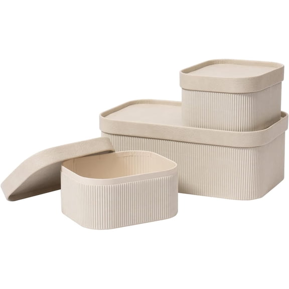 Fluted Cardboard Storage Baskets with Leather-Like Lids, Sturdy Stackable Paper Boxes Decorative Tray, Light Grey, Set of 3