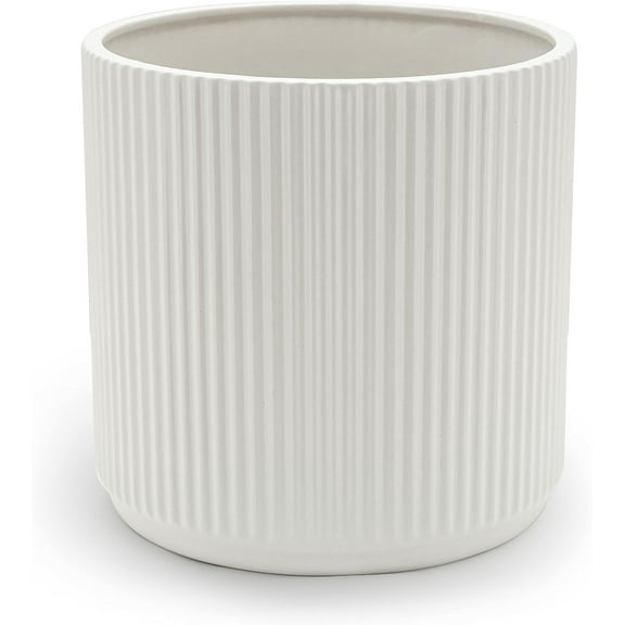 Fluted Ceramic Round Planter with Drainage Hole, Indoor Outdoor Flower Pot, 10-inch, White