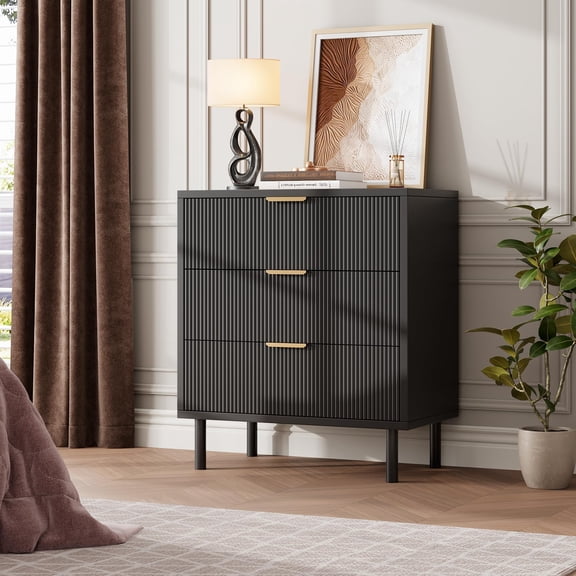 Fluted Chest of Drawers with 3 Drawers, 75cm High Wardrobe Organizer with Anti-Tip Device, Wooden Chest of Drawers with Storage Space and Metal Legs for Bedroom, Hallway and Living Spaces,Black