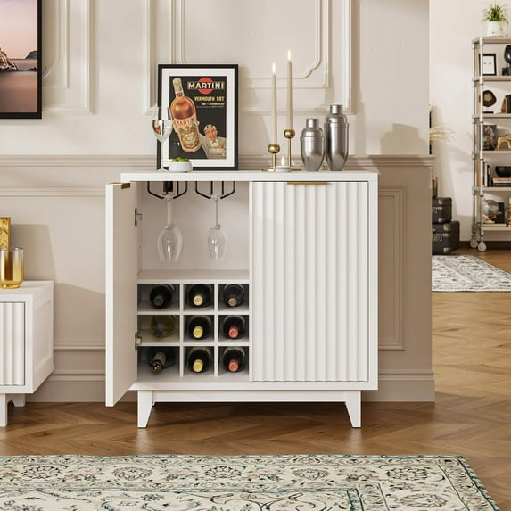 Fluted Coffee Bar Cabinet with Storage, Modern Sideboard Buffet Cabinet with Removable Wine Rack, Drawer, Adjustable Shelf, White Liquor Cabinets for Living Room, Dining Room, Kitchen, Entryway