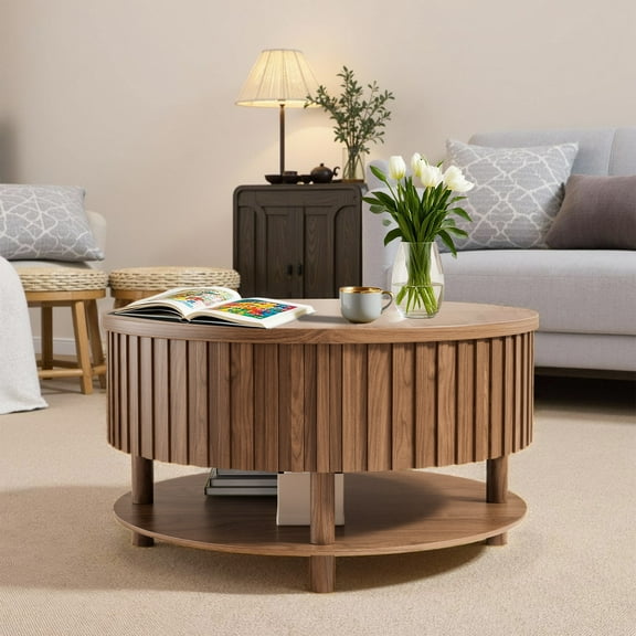 Fluted Coffee Table Center Table with Hidden Storage and Open Storage Shelf, Walnut Round Table
