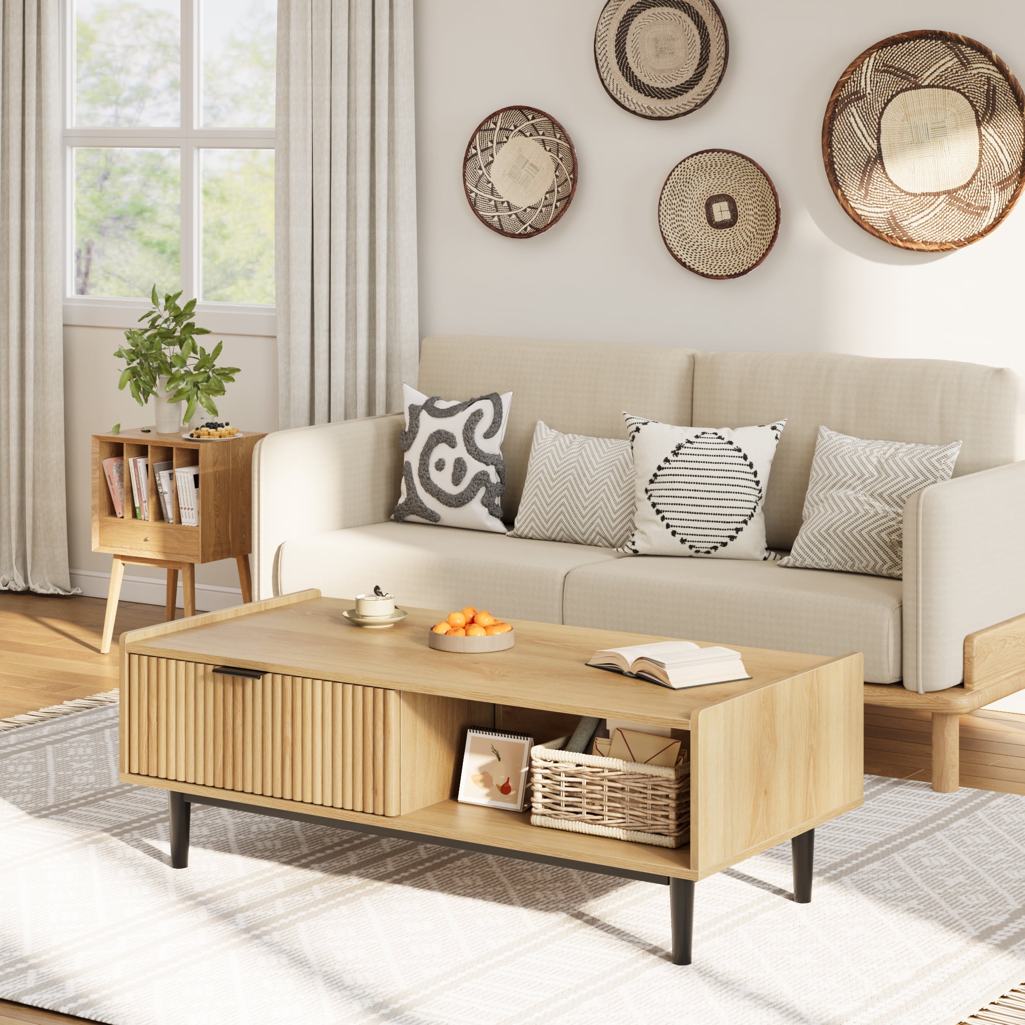 Fluted Coffee Table Light Wood Coffee Table 2 Tier Cocktail Table with ...