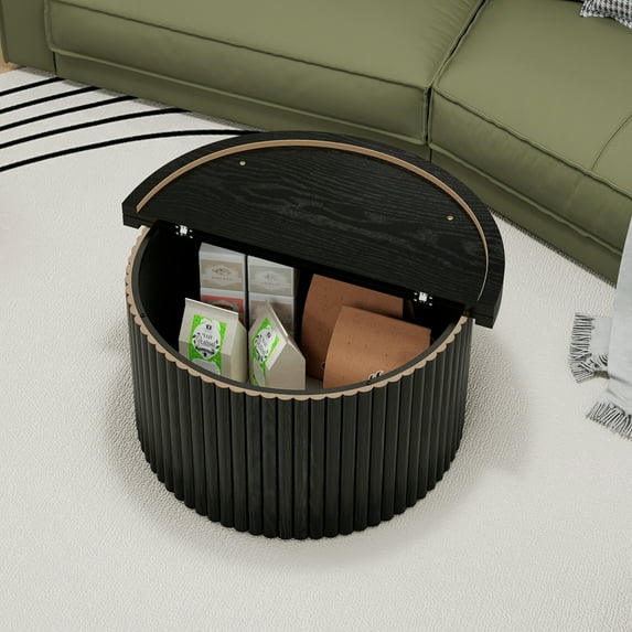 Fluted Coffee Table, Round Storage Table for Living Room, Farmhouse Accent End Table with Flip Lid Design and Non-Slip Pad for Small Spaces, Black