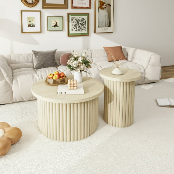 Fluted Coffee Table Set of 2, Round Side Table for Living Room, Farmhouse Accent End Table with Non-Slip Pad for Small Spaces, Natural