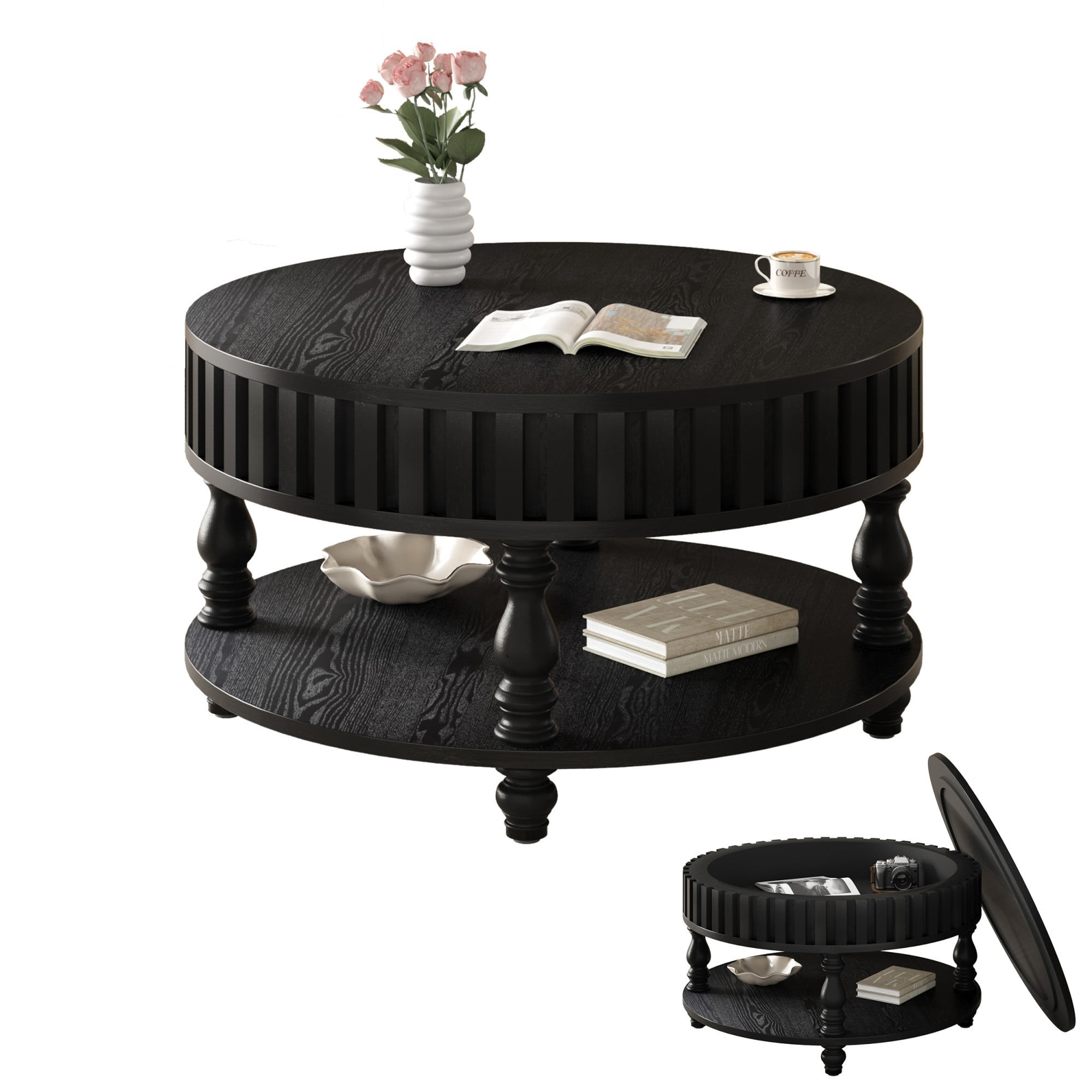 Fluted Coffee Table with Storage, 31.5" Round Coffee Table with Flip Top Lid and Shelf, Mid Century Modern Center Table for Living Room, Black