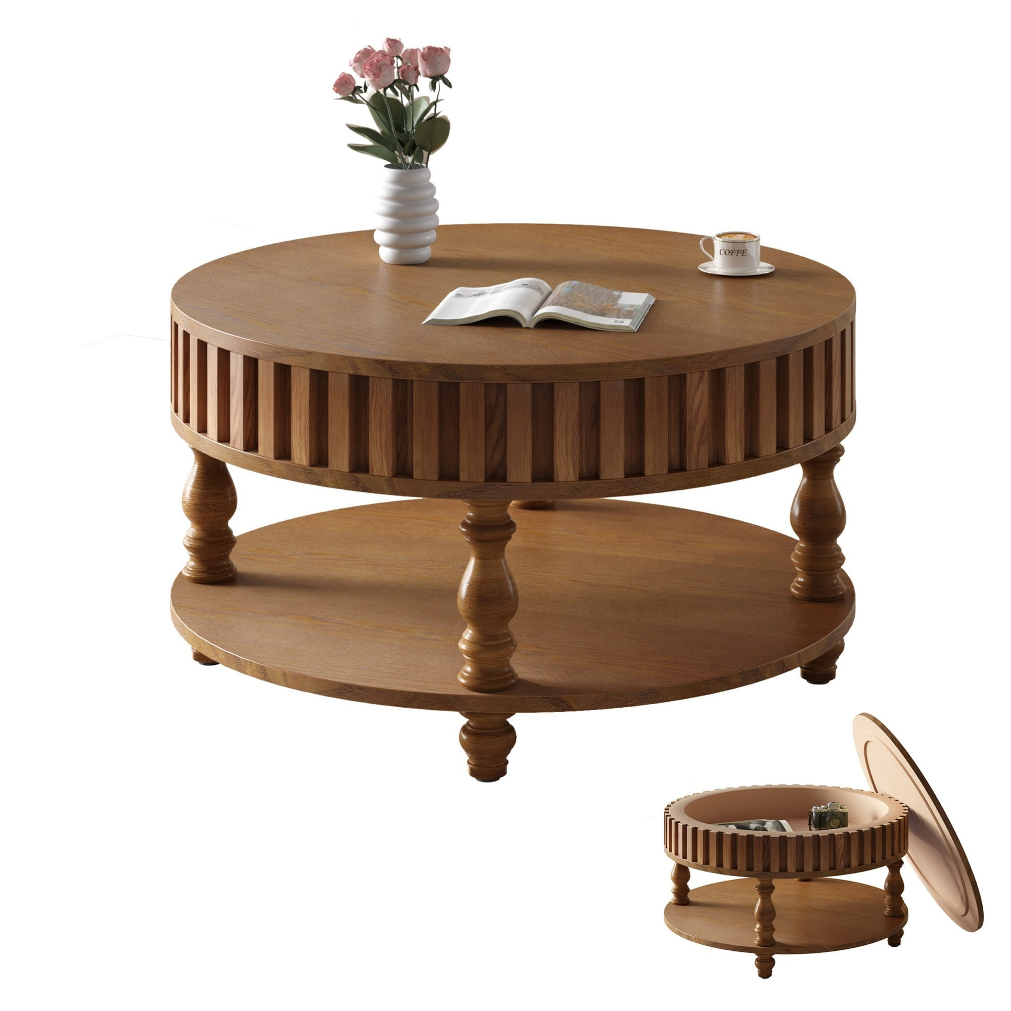 Fluted Coffee Table with Storage, 31.5" Round Coffee Table with Flip Top Lid and Shelf, Mid Century Modern Center Table for Living Room, Walnut