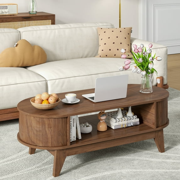 Fluted Coffee Table with Storage, Mid-Century Modern Coffee Table for Living Room with 2 Flip-Top Hidden Space, Walnut