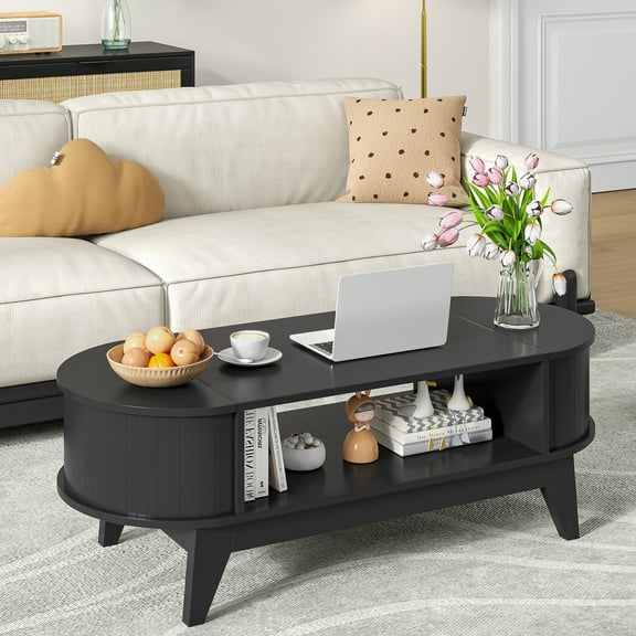 Fluted Coffee Table with Storage, Mid-Century Modern Coffee Table for Living Room with 2 Flip-Top Hidden Space, Black