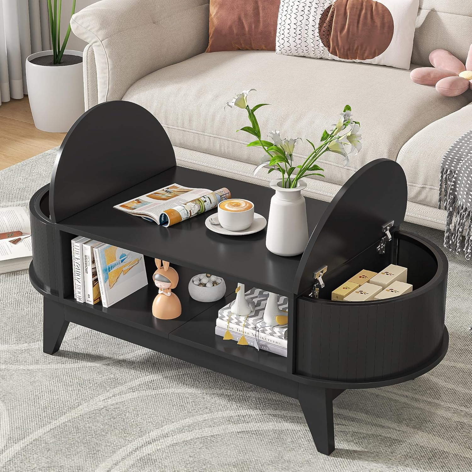 Fluted Coffee Table with Storage, Modern Coffee Tables, Wood Accent Center Table
