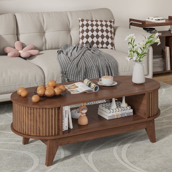 Fluted Coffee Table with Storage, Modern Coffee Tables, Wood Accent Center Table, Oval with Flip-Top Lids for Living Room Home Office