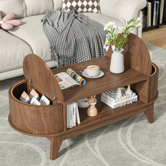 Fluted Coffee Table with Storage, Modern Coffee Tables, Wood Accent Center Table
