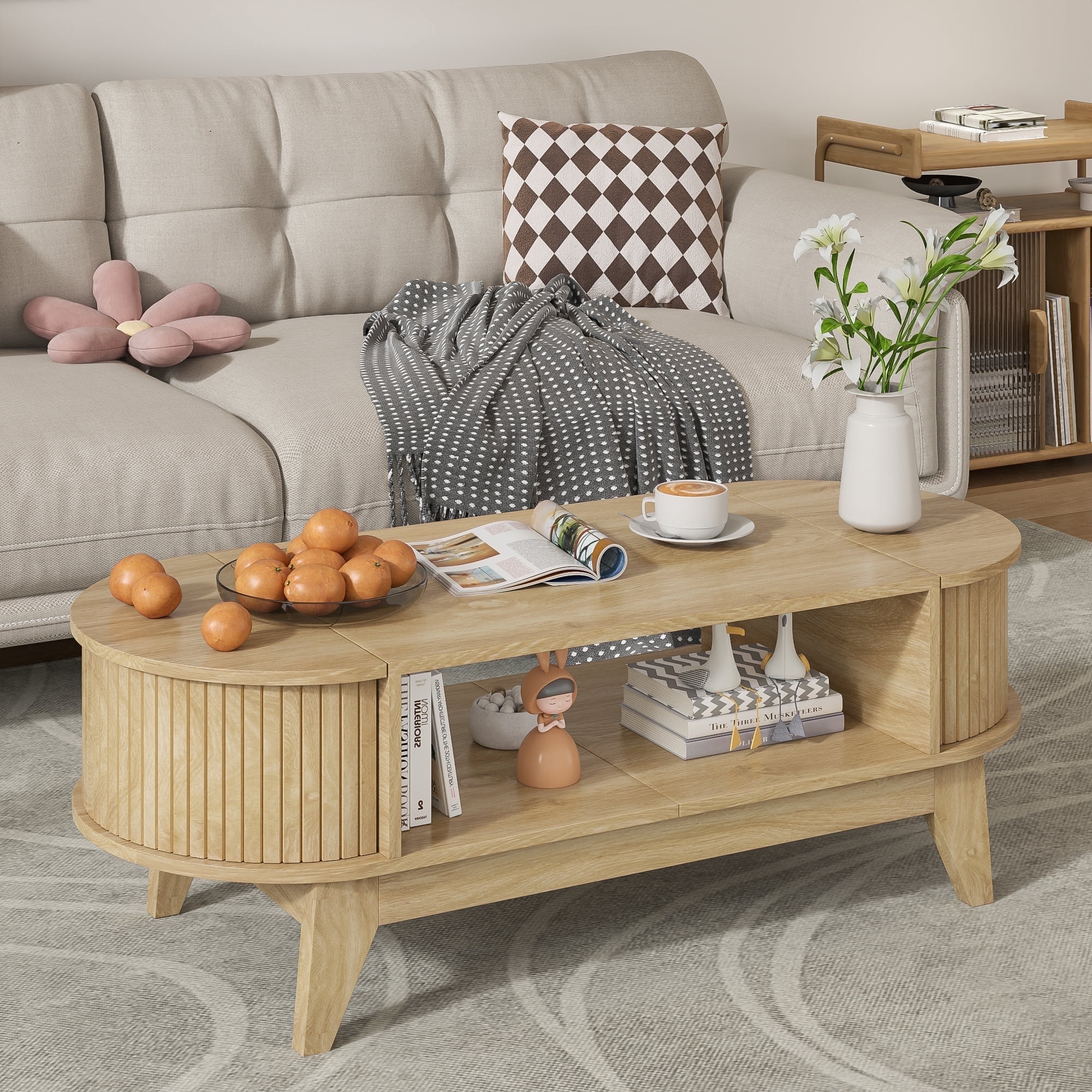 IQCNGVX Fluted Coffee Table with Storage Modern Wood Oval Table with 2 ...