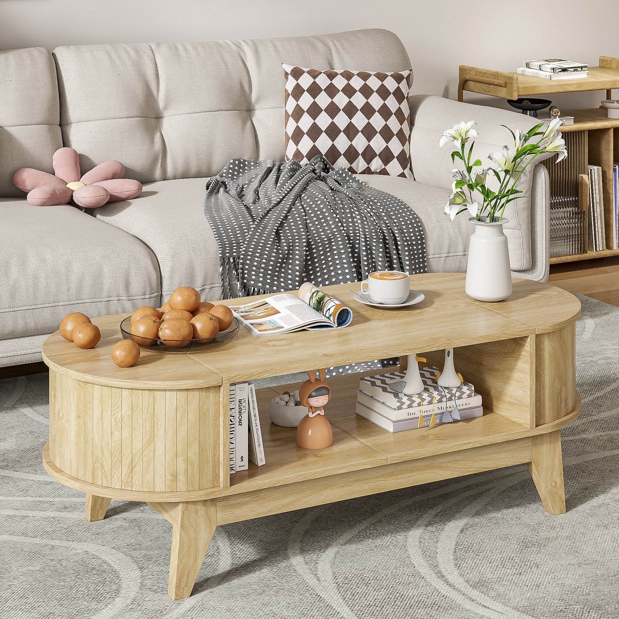 Fluted Coffee Table with Storage, Modern Coffee Tables, Wood Accent Center Table, Natural